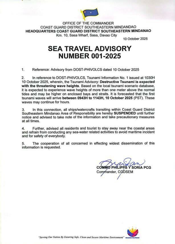 #MSNews | Coast Guard District Southeastern Mindanao (CGDSEM) has issued a Sea Travel Advisory following the magnitude 7.6 earthquake that struck the Municipality of Manay, Davao Oriental. 

All ships/watercrafs transiting within the CGDSEM Area of Responsibility are hereby