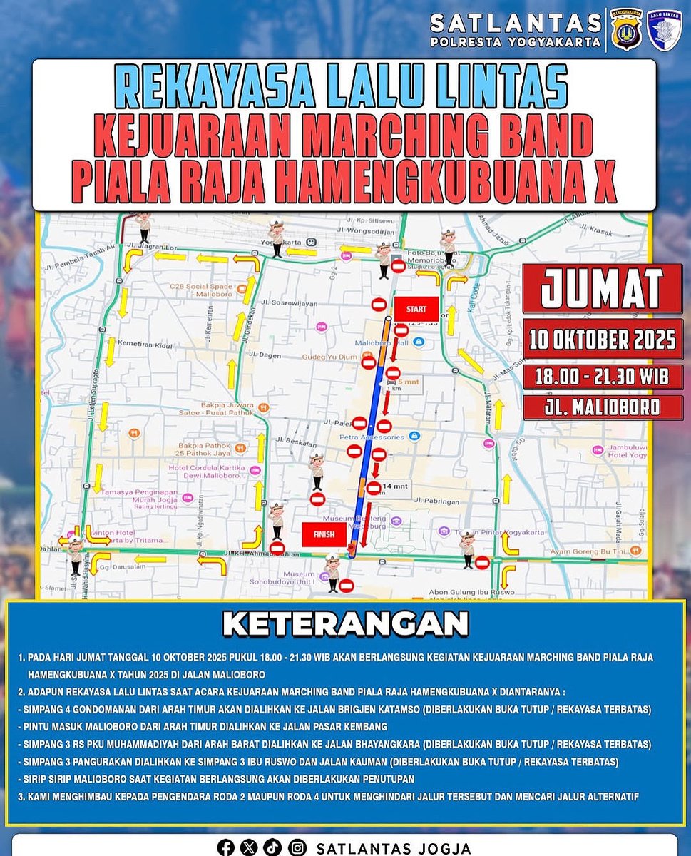 [TODAY] Rekayasa Lalu Lintas Kejuaraan Marching Band Piala Raja Hamengkubuana yang akan diselenggarakan pada hari Jumat tanggal 10 Oktober 2025 berlokasi dari Depan DPRD Kota Yogyakarta hingga Titik Nol Kilometer Yogyakarta.

Via <a href="/jogjazebra/">satlantasjogja</a>