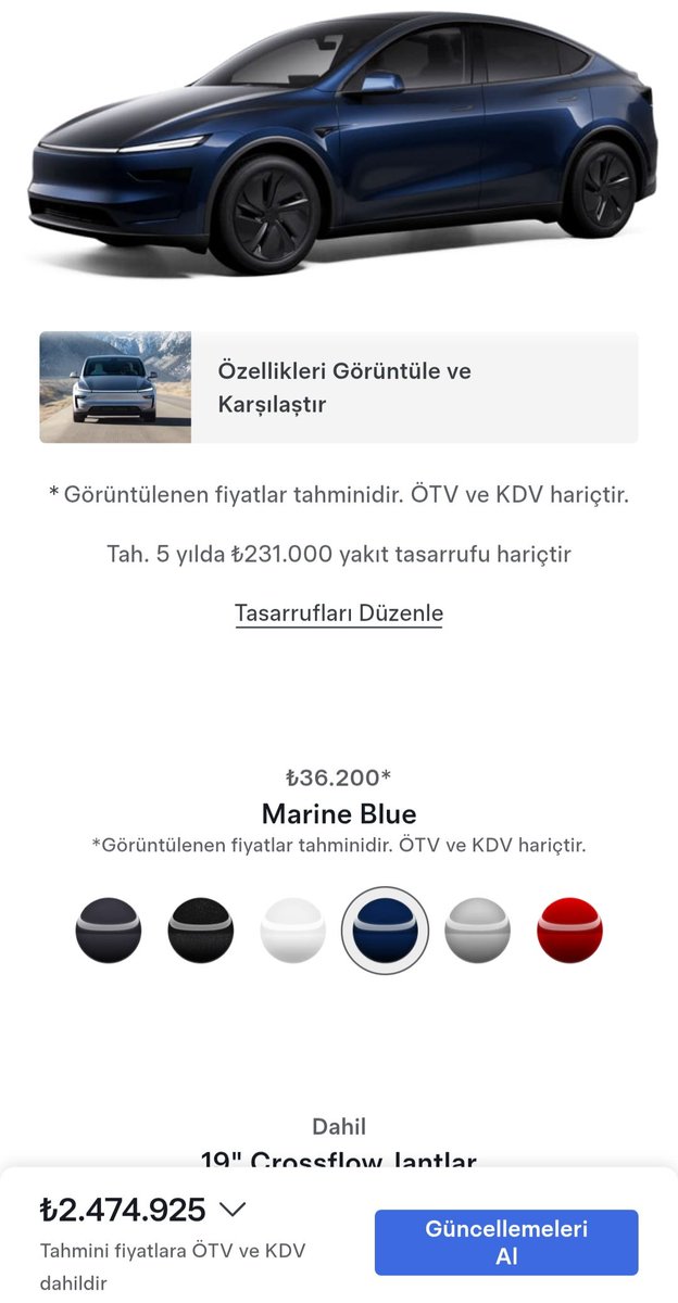 #tesla 115 bin tl zam ile sg model 2.420bin tl çıkmış durumda Deep blue renk yerine #Marineblue teslanin yeni rengi oldu