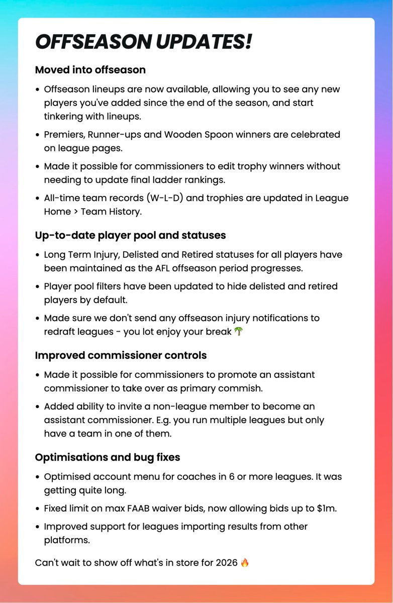 🎉 OFFSEASON UPDATES 🎉

Offseason mode has been activated for all 2025 leagues. Plus we've dropped a bunch of new updates 👇

No better time to request a trade to <a href="/KeeperAFL/">Keeper Fantasy</a>!