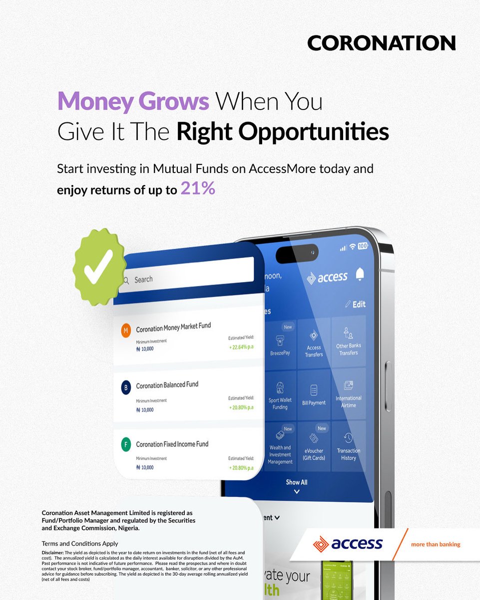 You work hard for your money, now let it return the favour. With Mutual Funds on the AccessMore app, your money gets the right opportunities to flourish - backed by expert fund management.

Invest smart. Invest in Coronation Mutual Funds
 
#CoronationAssetManagement #Invest