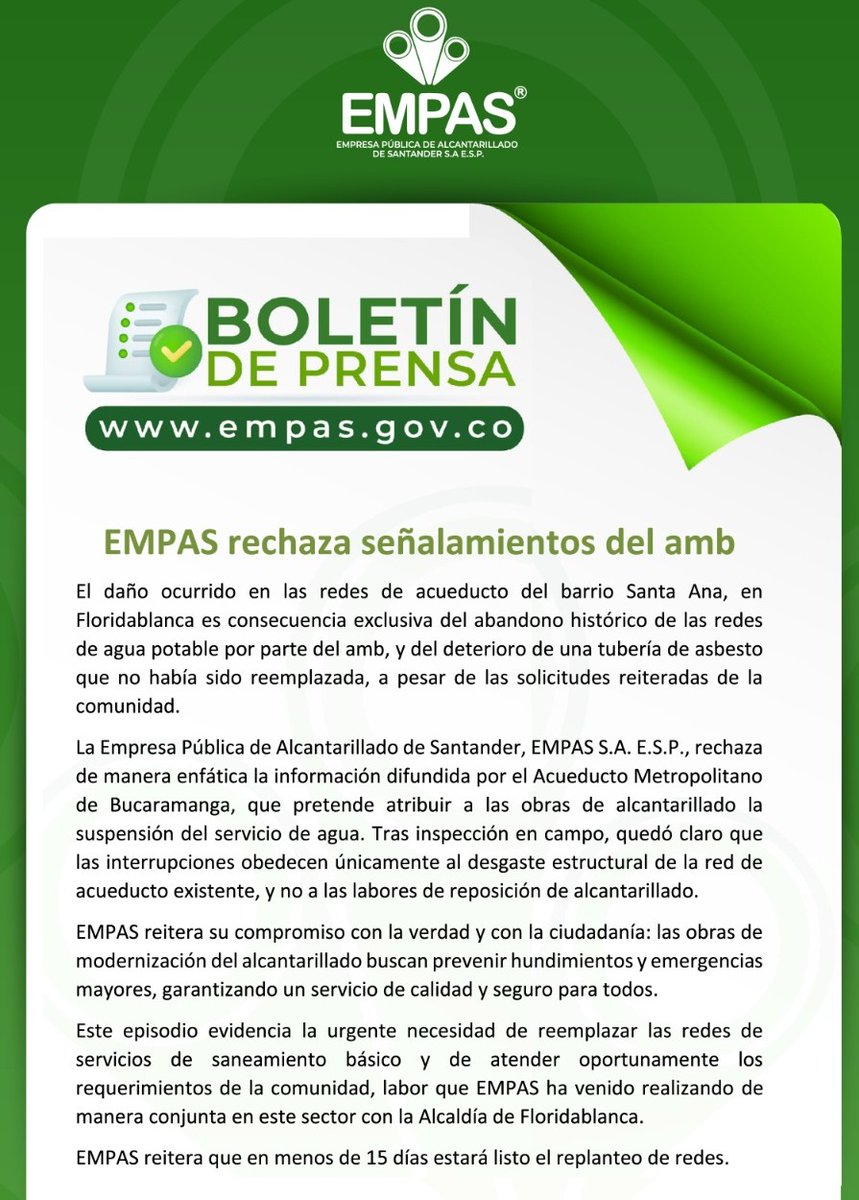 RevistaElPanor1's tweet photo. #Comunicado📰Un daño ocurrido en las redes de acueducto del barrio Santa Ana #Floridablanca produjo un señalamiento del @acueductobga no ajustado a la verdad; razón por la cual, @Empassa_Oficial rechaza enfáticamente el señalamiento y aclara la situación. Ver boletín de #Empas👇 https://t.co/eL0IGXEc46