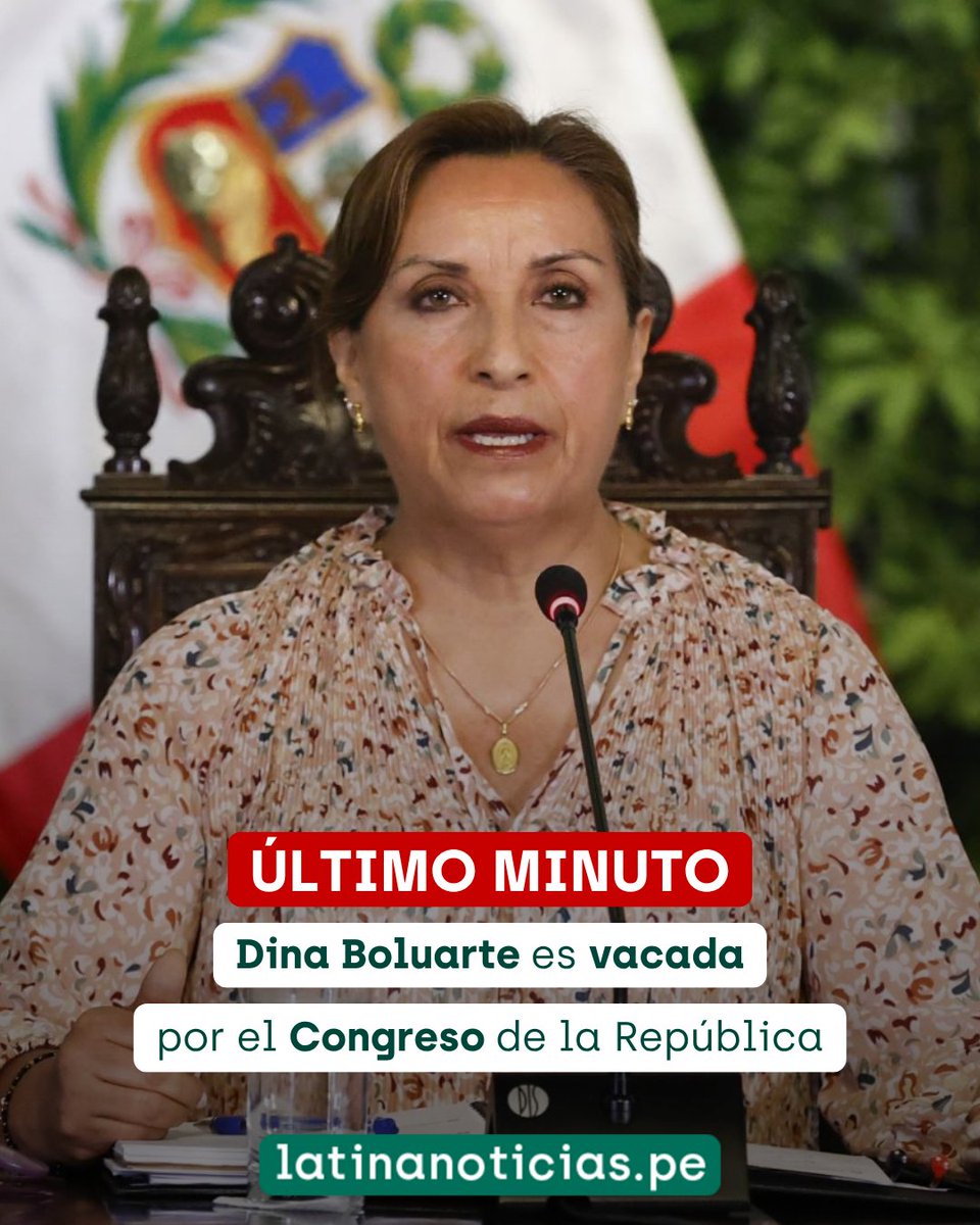 Latina_Noticias's tweet photo. 🔴#LOÚLTIMO La presidenta Dina Boluarte fue vacada por el Congreso de la República luego de que fueron presentadas 4 mociones de vacancia en su contra. Más información en https://t.co/YAHbhKbJ7i

#LatinaNoticias #Perú #DinaBoluarte #Congreso https://t.co/Cp0WDFLA6j