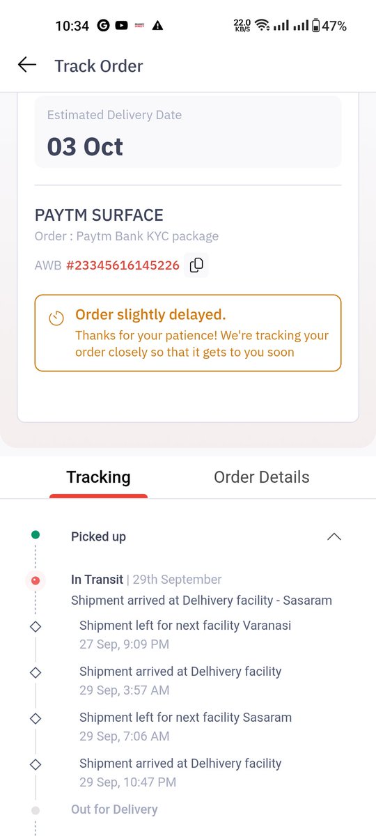 aman25_12's tweet photo. @delhivery @help_delhivery 
A parcel package from Paytm was expected to be delivered on 29th of September 2025
And after 2 days. 
I.e- From 1st of october everyday The Expected Delhivery date of the package is been Delaying by 1Day on portal/ Application. https://t.co/4aUEkyXKSG