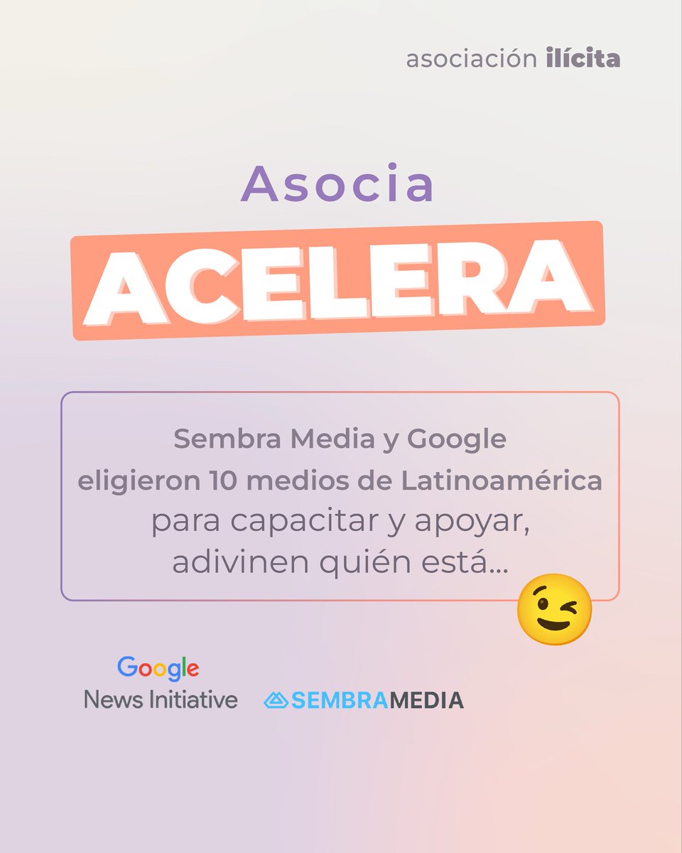 Cheeee, nos explota el cora 🤩🤩

👏🏼 Estamos muy contentos por contarles que Asociación Ilícita fue elegida por <a href="/sembramedia/">SembraMedia</a> y <a href="/GoogleNewsInit/">Google News Initiative</a> para participar de un entrenamiento y apoyo financiero del GNI Startups LAB 2025. 

🌎 Seeee: eligieron a Asocia entre 380 medios de
