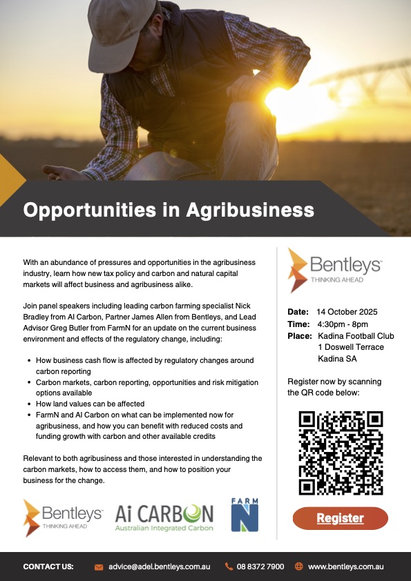 I will be talking about renewable nitrogen fertiliser production next Tuesday at Kadina.

Event organised by Bentleys Accounting and all are welcome. RSVP Attached.

Date: 14 October 2025
Time: 4:30pm - 8pm
Place: Kadina Football Club, 1 Doswell Terrace.

<a href="/FarmNitrogen/">FarmN</a>