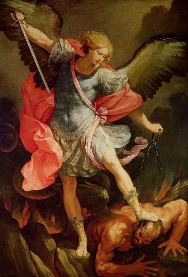 🏛El Arcángel Miguel derrotando a Satanás.
El origen de la batalla:
Según la tradición cristiana, Lucifer (Satanás) era un ángel de gran belleza y poder que, cegado por su orgullo, quiso igualarse a Dios. Debido a su soberbia, se rebeló junto con otros ángeles que