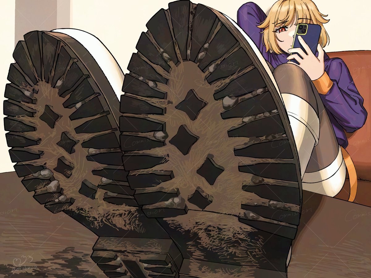 Her feet are facing me—now a tiny man.
She seems absorbed with her phone, as if she doesn’t even notice me.
At the same time, it also looks like she’s deliberately stretching out her dirty booted feet in front of me.

🌟VGen Commission🌟
Comm from @/Revz_RoadRacer