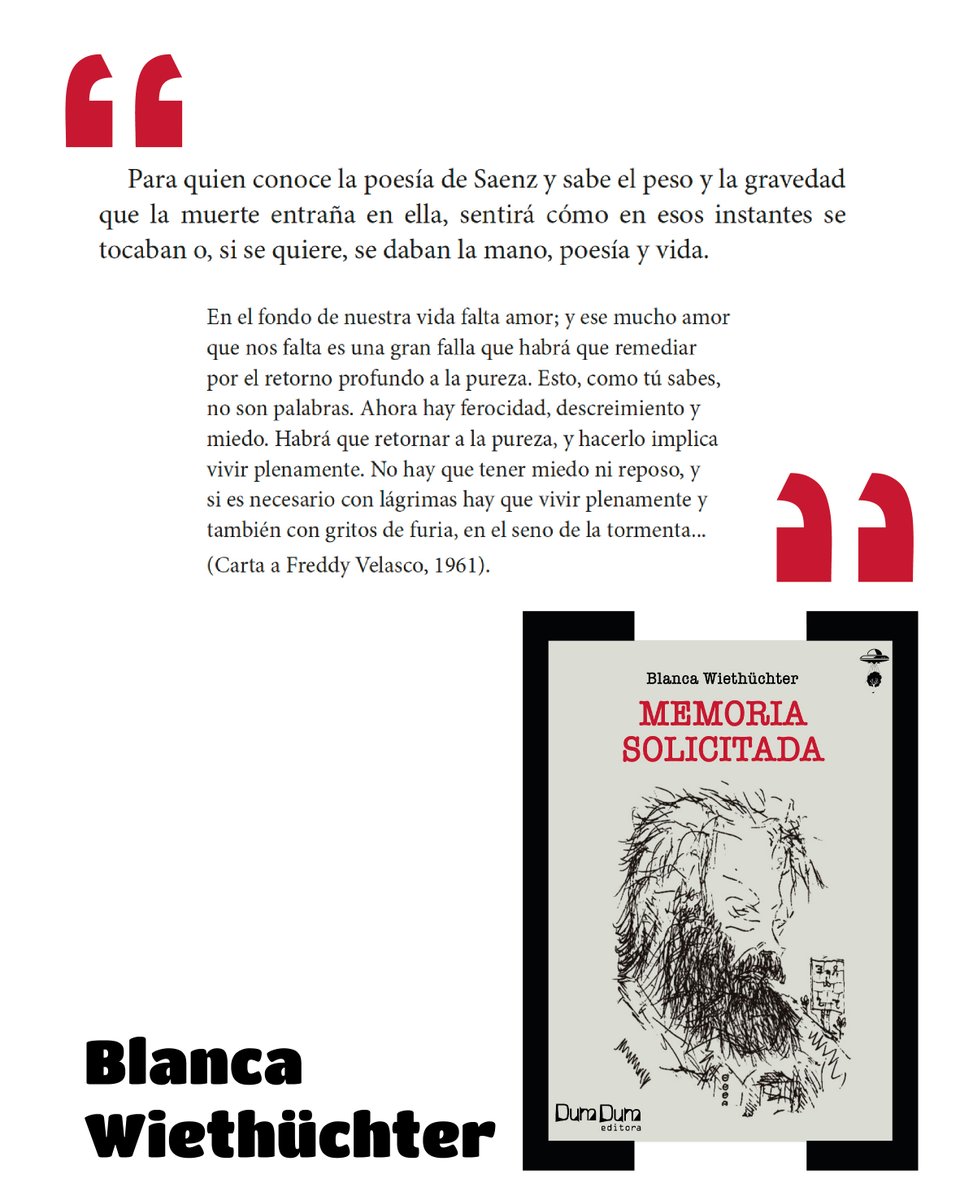 📕Memoria Solicitada es un libro crucial en la obra de la brillante poeta paceña Blanca Wiethüchter (1947-2004), y que surgió a partir de un pedido: el de contar la historia de su profunda amistad con otro poeta imprescindible, Jaime Saenz. 

#dumdumeditora