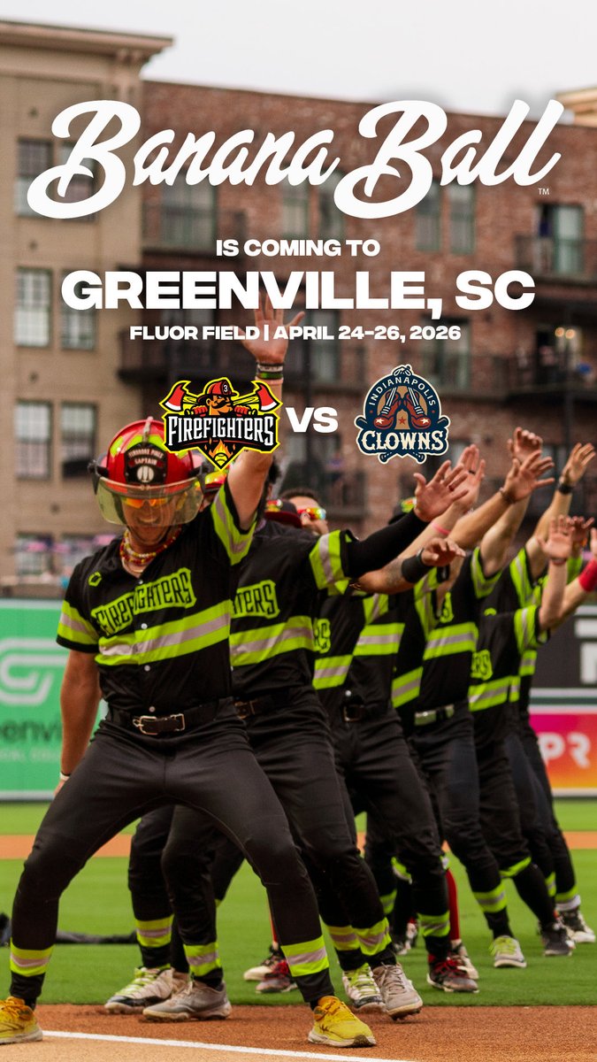 Banana Ball is returning to Greenville for not one, not two, but THREE games at Fluor Field in 2026!  The Firefighters take on one of Banana Ball's newest teams, the Indianapolis Clowns, April 24th, 25th, and 26th!  Click the link below for more information, and to enter the