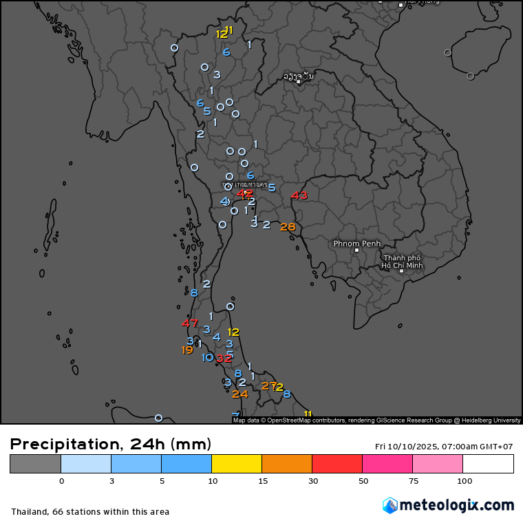 HelmutDuerrast's tweet image. 10 Oct 25  
Yesterday's RAIN fall over 24 hrs in mm #Thailand via meteologix.com/th.

&amp;gt;Stronger #SWMonsoon
&amp;gt;RAIN over many areas
&amp;gt;Max 46.9 mm #PhangNga SW