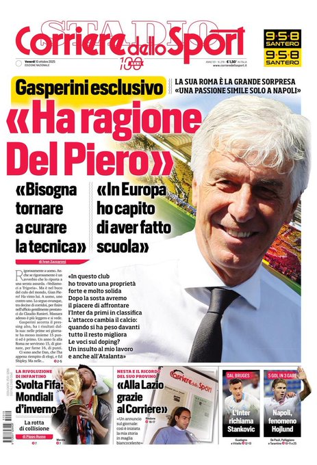 Newspaper front page from Corriere dello Sport with headline about Gasperini exclusive on Roma as big surprise and passion like Naples, photo of older man in suit likely Gasperini, text on Del Piero being right about technique focus in Europe, club ownership and Inter match, doping rumors insult to Atalanta, smaller sections on Infantino FIFA revolution for Winter World Cup, Nesta Lazio tryout via ad, Inter recalling Stankovic from Brugge, Napoli Hojlund 5 goals in 3 games, photos of players and teams.