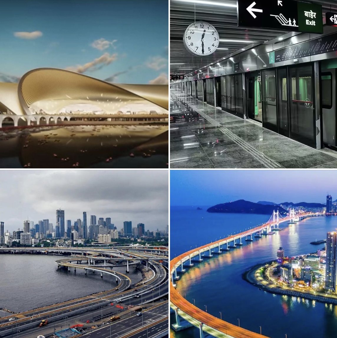 dailyexception's tweet image. Four mega-projects transforming Mumbai, two of which opened today: Navi Mumbai Airport and the new Acqua line, the first fully underground line on the metro system. Also, the coastal road and Trans Harbor Link that opened in the past 12 months