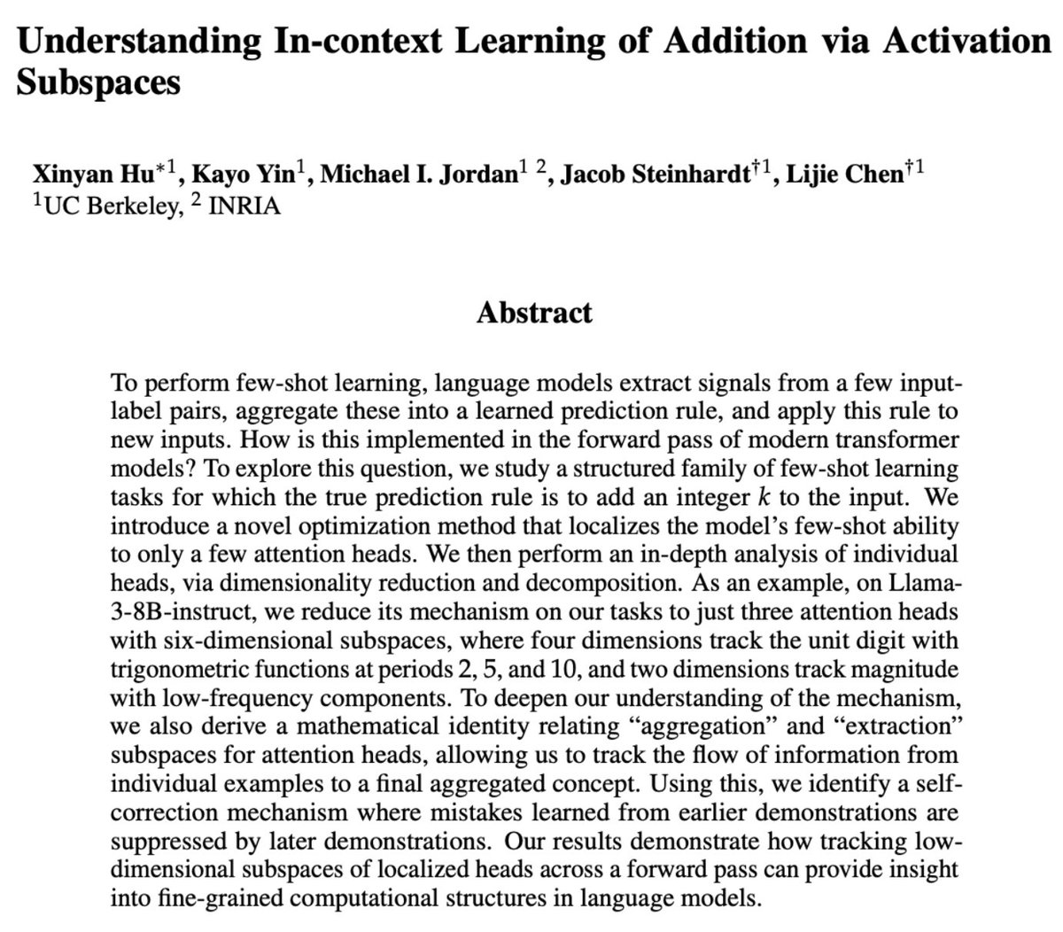 xyVickyHu's tweet image. 3-&amp;gt;5, 4-&amp;gt;6, 9→11, 7-&amp;gt; ?
LLMs solve this via In-Context Learning (ICL); but how is ICL represented and transmitted in LLMs? We build new tools identifying “extractor” and “aggregator” subspaces for ICL, and use them to understand ICL addition tasks like above. Come to…