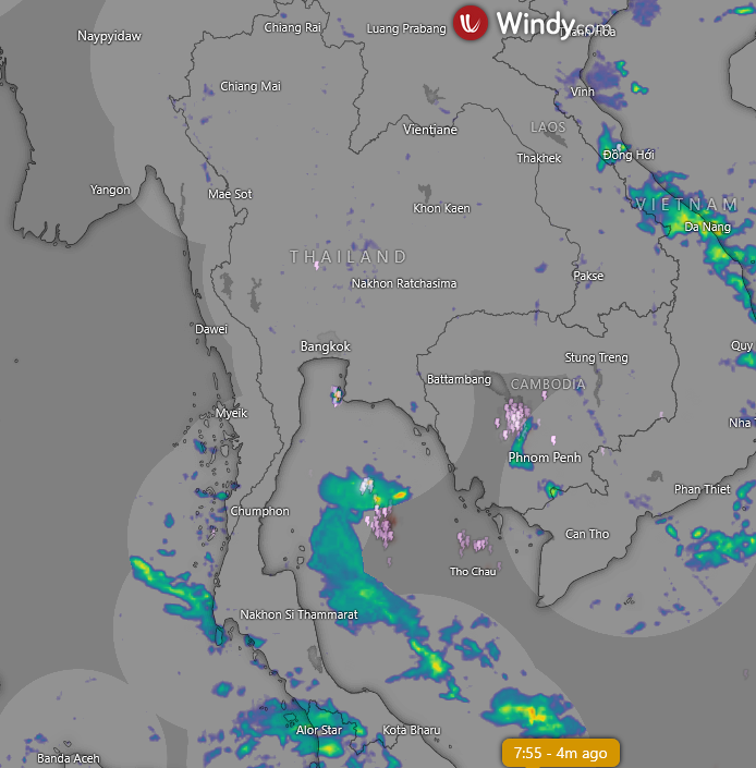 HelmutDuerrast's tweet image. 10 Oct 25 07:55 
RAIN (blue-green-yellow-red=higher intensity) for #Thailand #Bangkok and region; windy.com with RAIN radar from TMD.go.th                 

&amp;gt;Enhanced #SWMonsoon   
&amp;gt;Some more RAIN over S Thailand
