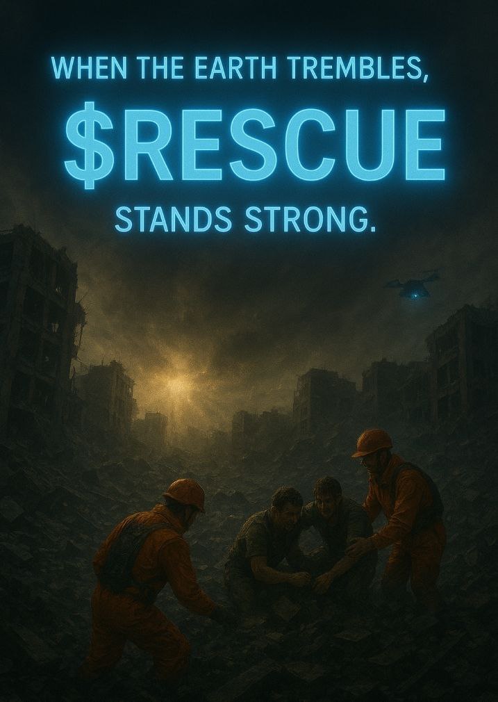 ProjectRescuee's tweet image. WHEN THE EARTH TREMBLES, $RESCUE STANDS STRONG.

A post-earthquake city in ruins. Collapsed buildings, broken roads, and drifting dust fill the air.

Rescue workers in orange uniforms search tirelessly for survivors amid the rubble.

A faint beam of golden sunlight pierces the…
