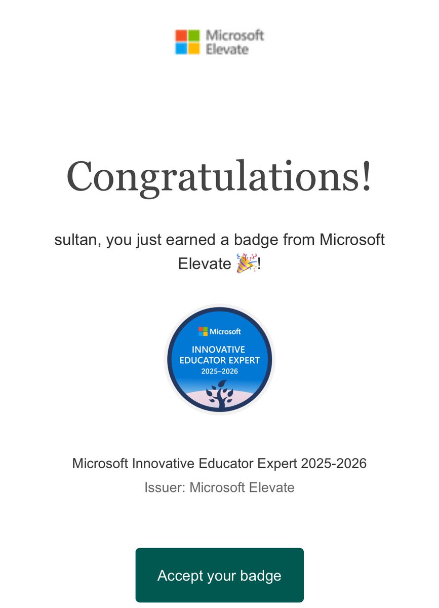 sultan_0252's tweet photo. بفضل الله حصلت على شارة #خبير_مايكروسوفت_للتعلم_الابداعي  (MIE Export) لعام 2025-2026، هذه الشارة تعزز شغفي بتوظيف التقنية لابتكار تجارب تعلم تفاعلية، وتدفعني لمواصلة تطوير التعليم نحو توظيف أدوات رقمية تواكب احتياجات المتعلمين.

#MicrosoftExpert
#Microsoft https://t.co/fjwPIOMLFl
