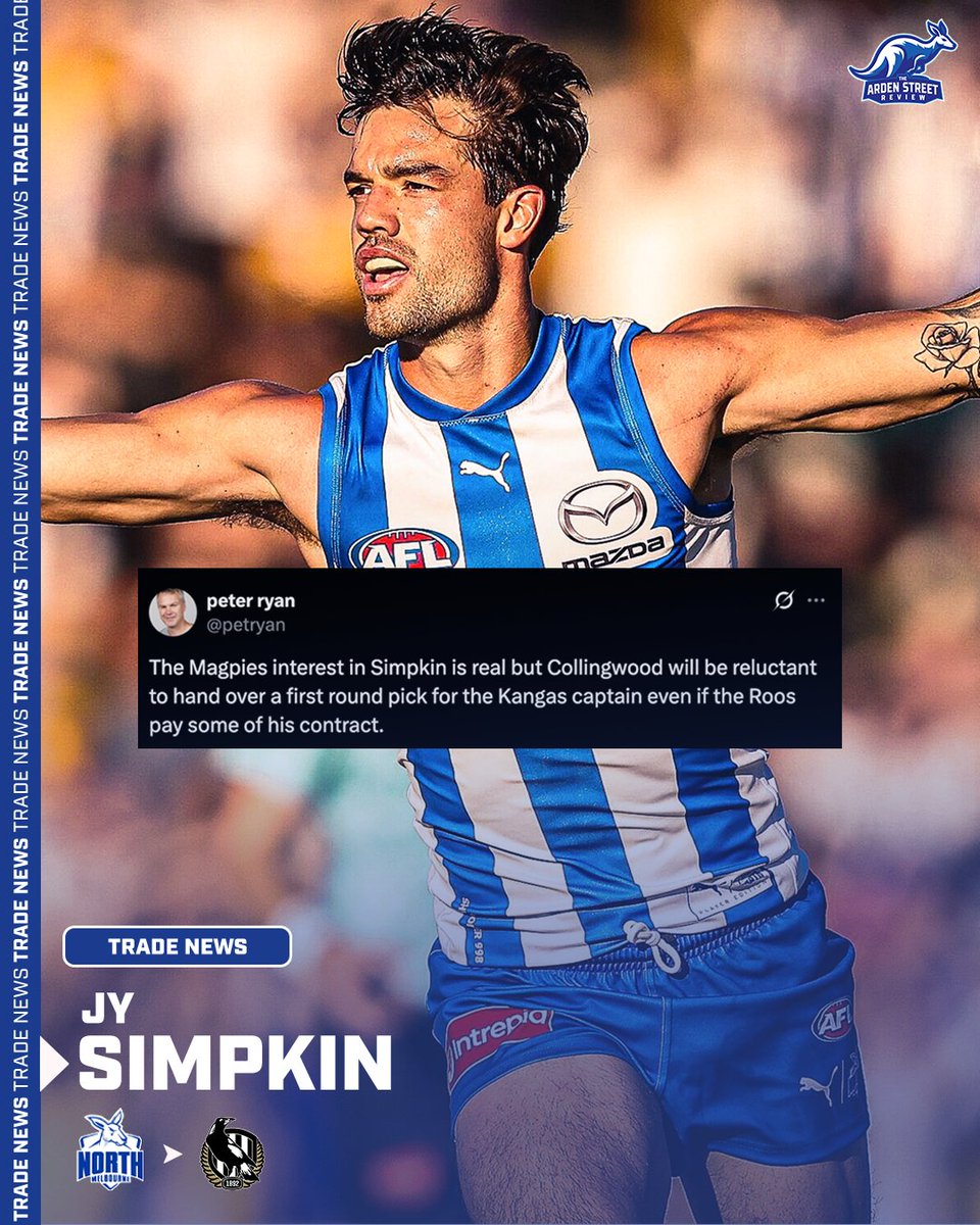 According to <a href="/petryan/">peter ryan</a>, Collingwood's interest in Simpkin is genuine. 

The deal likely requires the Pies to give up a first-round pick, which they are reluctant to do. 

#Kangas