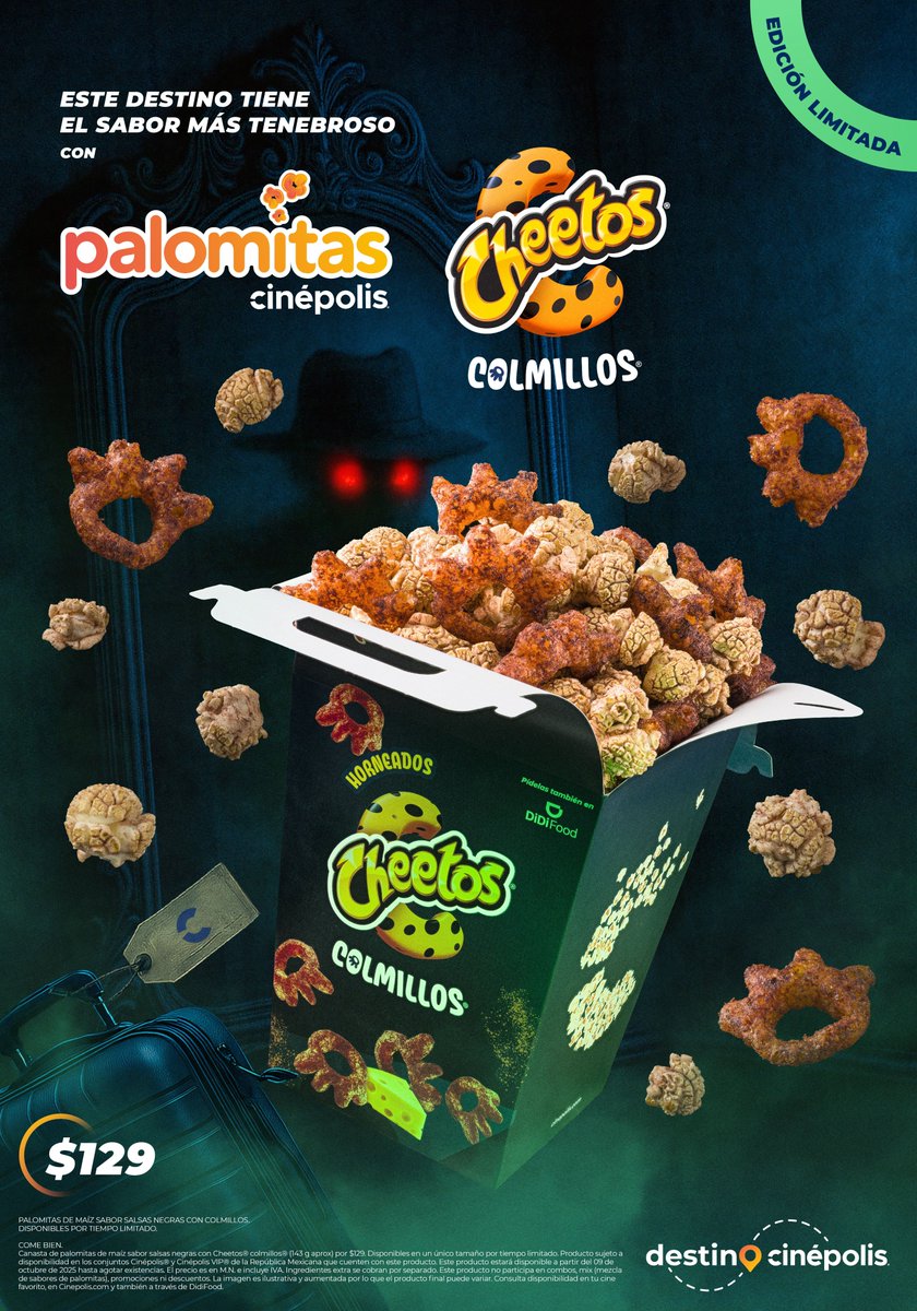 Cinepolis's tweet photo. La Spooky Season llegó y mis palomitas tienen colmillos. 😈

Nuevas Palomitas sabor salsas negras con Cheetos® Colmillos®, ¡serán tus favoritas! 🍿🔥 https://t.co/gvhg6BD876