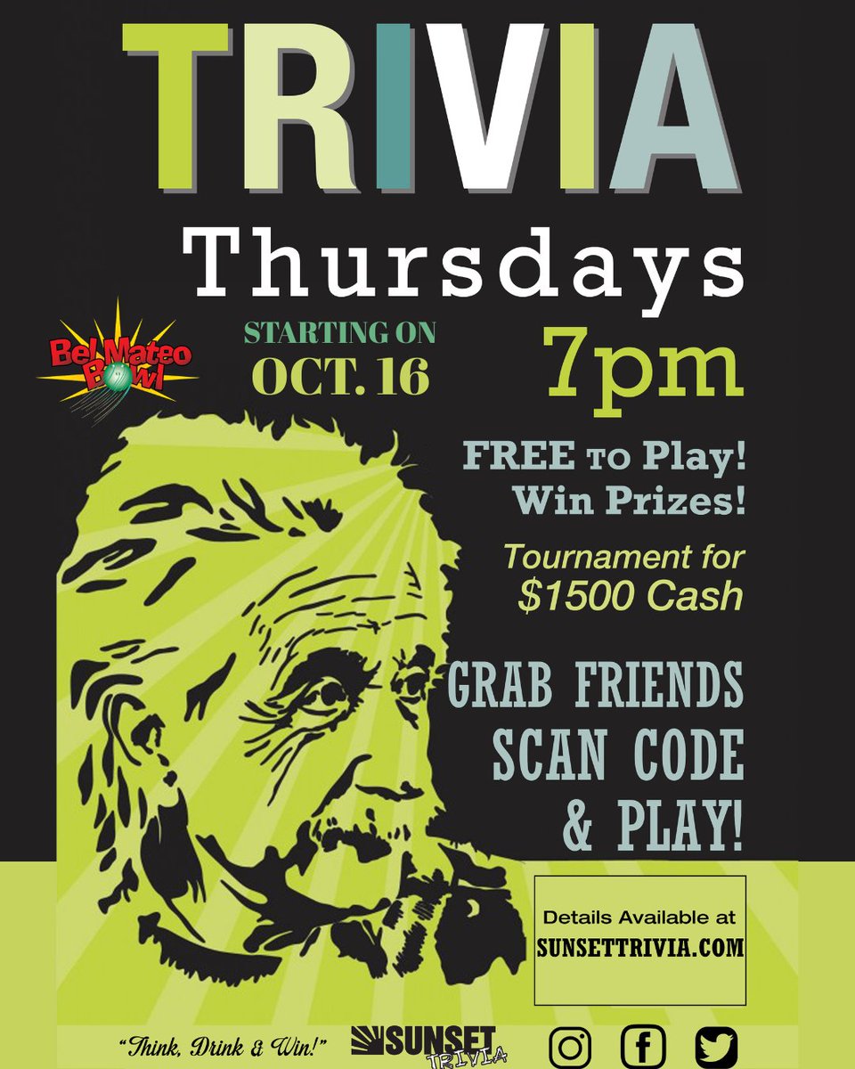 🚨 NEW at Bel Mateo Bowl! 🚨
🧠 Trivia Thursdays start Oct 16 @ 7PM!
FREE to play • Prizes every week • $1500 cash tournament! 💵
Bring your crew, grab a drink 🍺, and flex those fun facts!
#BelMateoBowl #TriviaNight #SanMateo #BayAreaFun #DrinkThinkWin #SunsetTrivia