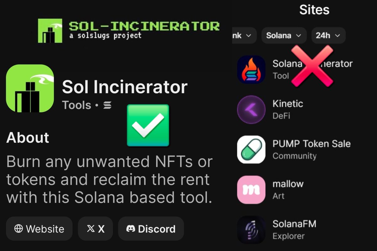 SolToadgod's tweet photo. 📣👀 Important Notice:
Some users are reporting losing funds due to interacting with UNOFFICIAL sites.

✅️ Always verify links before connecting your @phantom wallet

🔥 OFFICIAL Sol-Incinerator ✅️
🌐 @solincinerator https://t.co/iWklpvcDDD