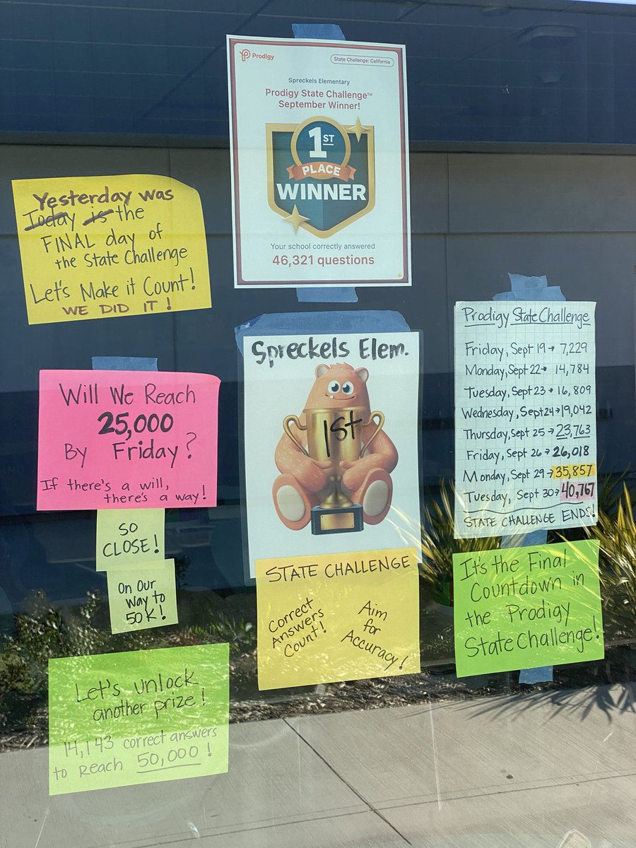 lori_huntsman's tweet image. My classroom window became the hub for updates during the September #ProdigyStateChallenge 🏆 It put a smile on my face to see kiddos coming by for daily updates @ProdigyGame