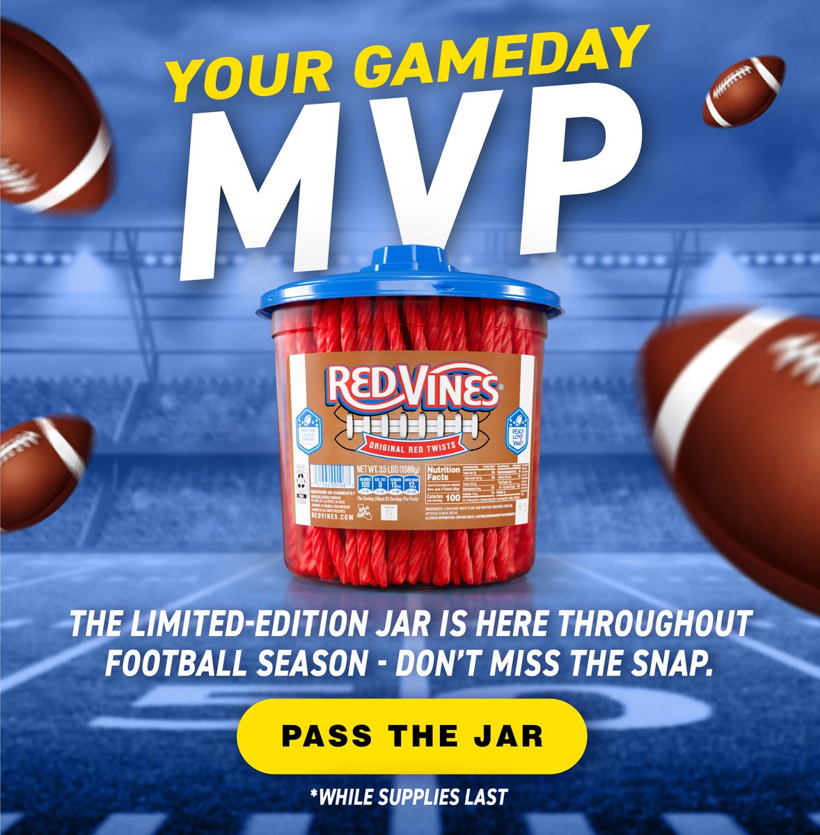Our limited-edition football themed 3.5 lb jar of Original Red licorice is the perfect way to fuel your watch party and make sure everyone gets a piece of the action.

 Grab one for your crew and get ready to cheer! bit.ly/3w43OcN

#RedVines #PeaceLoveAndVines #Football
