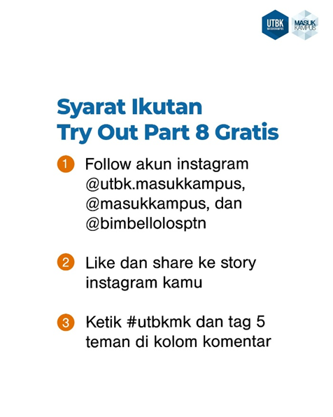 masukkampus's tweet photo. SYARAT IKUTAN Try Out UTBK-SNBT Part 8 GRATISSS!

1. Follow akun instagram @utbk.masukkampus, @masukkampus, @bimbellolosptn
2. Like dan share ke story instagram kamu
3. Ketik kata "#TKASMA" dan tag 5 teman di kolom komentar https://t.co/ktwlg6nZ1q