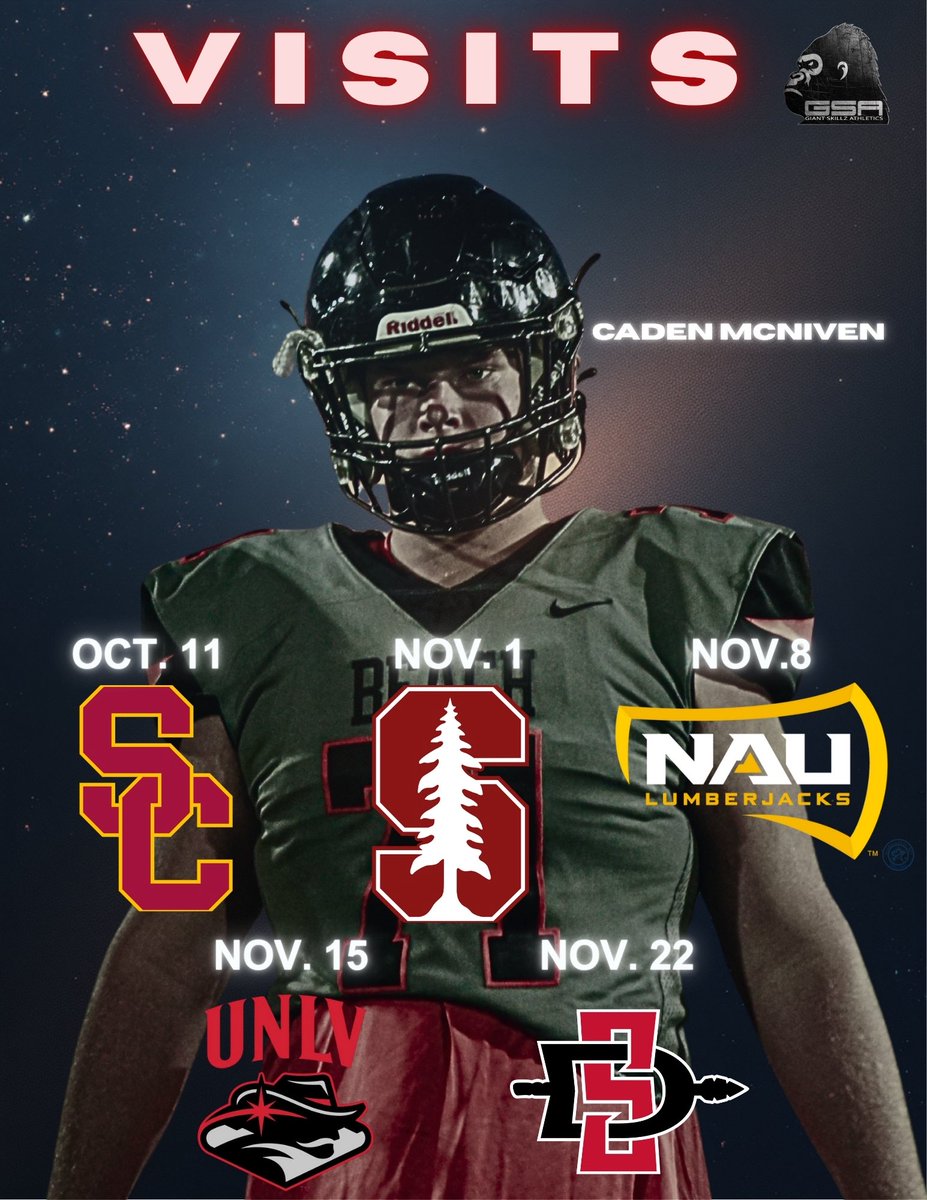 Unofficial visits for ‘27 6’3” 260lb OL <a href="/CadenMcNiven08/">Caden McNiven</a> <a href="/uscfb/">USC Football ✌️</a> <a href="/StanfordFball/">Stanford Football</a> <a href="/unlvfootball/">UNLV Football</a> <a href="/NAU_Football/">NAU Football</a> <a href="/AztecFB/">San Diego State Football</a> <a href="/TalamaivaoChris/">Chris Talamaivao</a> <a href="/giant_skillz/">Giant Skillz Athletics</a>