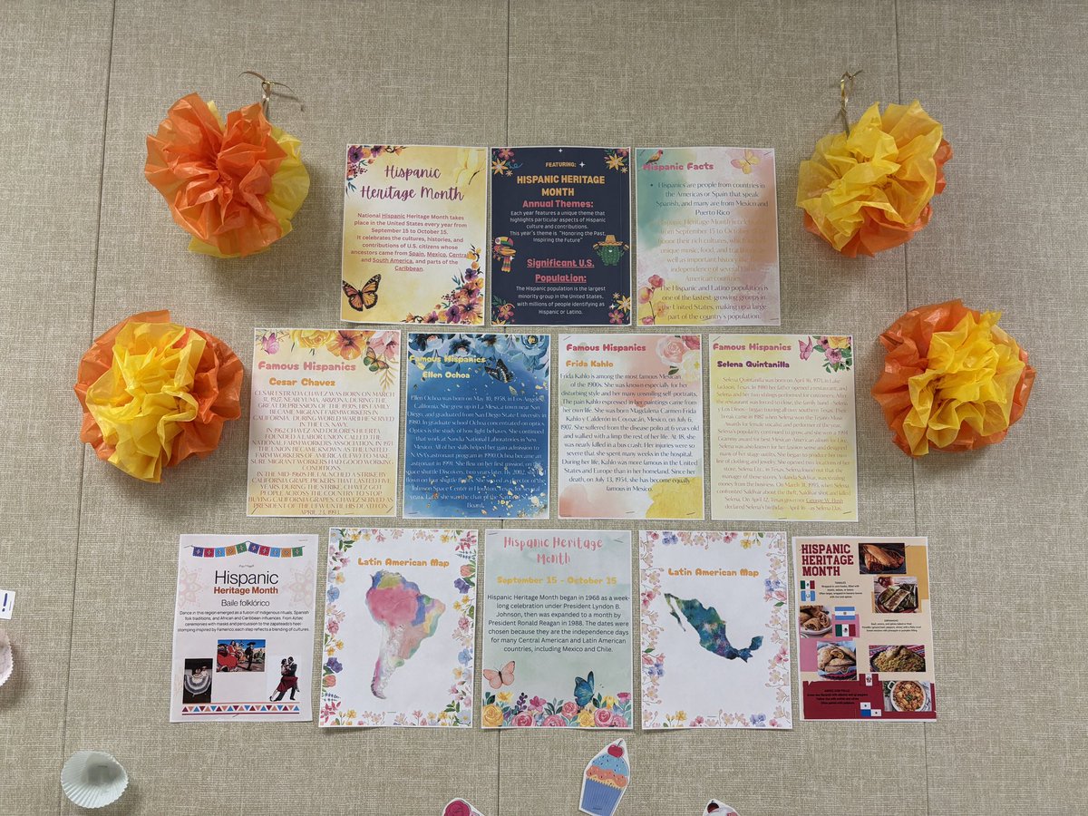 Happy Hispanic Heritage Month! We appreciate our NEHS students and one of our parents, Mrs. Harris, for creating this lovely bulletin board to highlight amazing Hispanic people, foods, and dance! 🌎 🫔💃🏻 We are a “No Place for Hate” campus! 💙💛 <a href="/FortBendISD/">Fort Bend ISD</a>