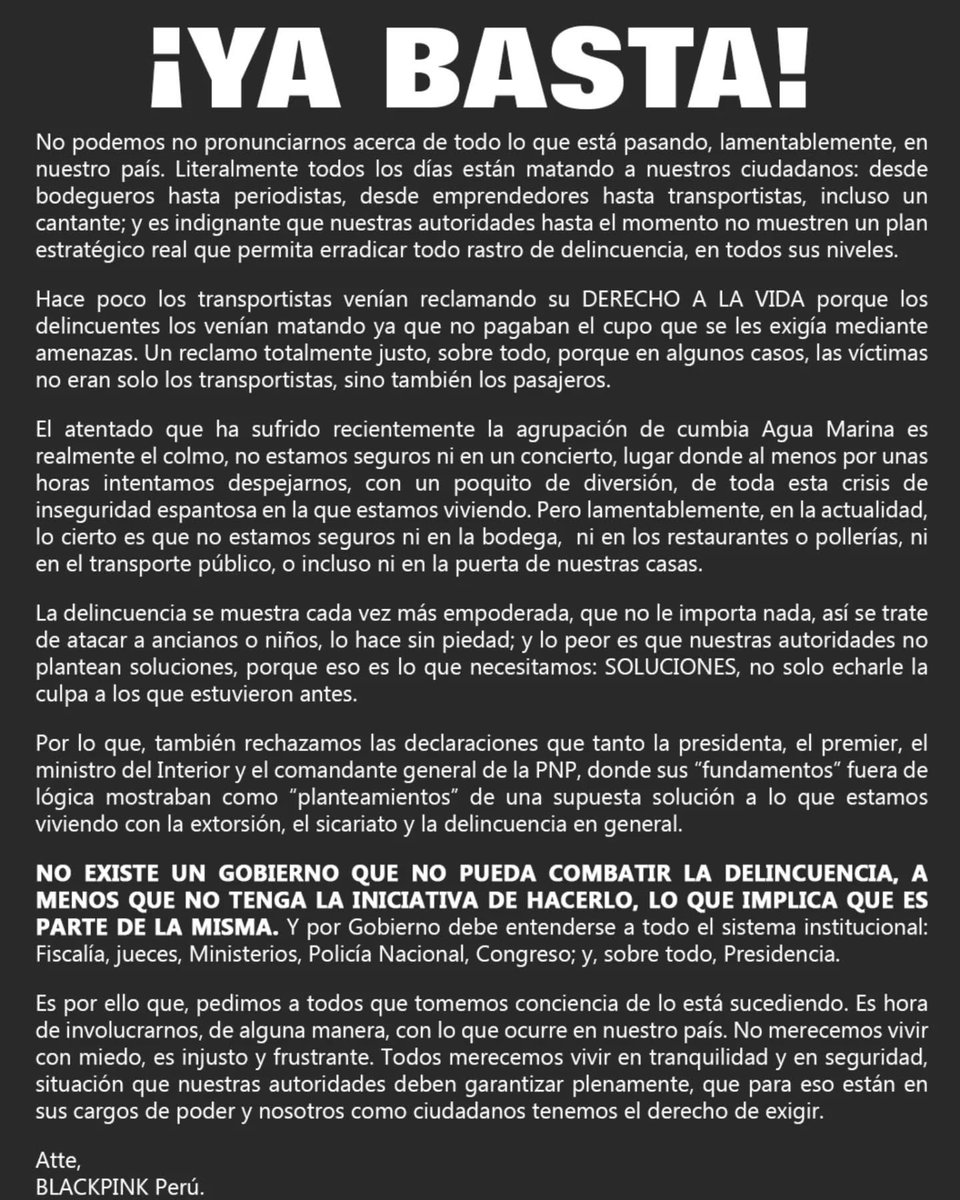 BLACKPINKPeru's tweet photo. ¡COMUNICADO IMPORTANTE! 🇵🇪

#FueraDina https://t.co/fjVBGoYAgH