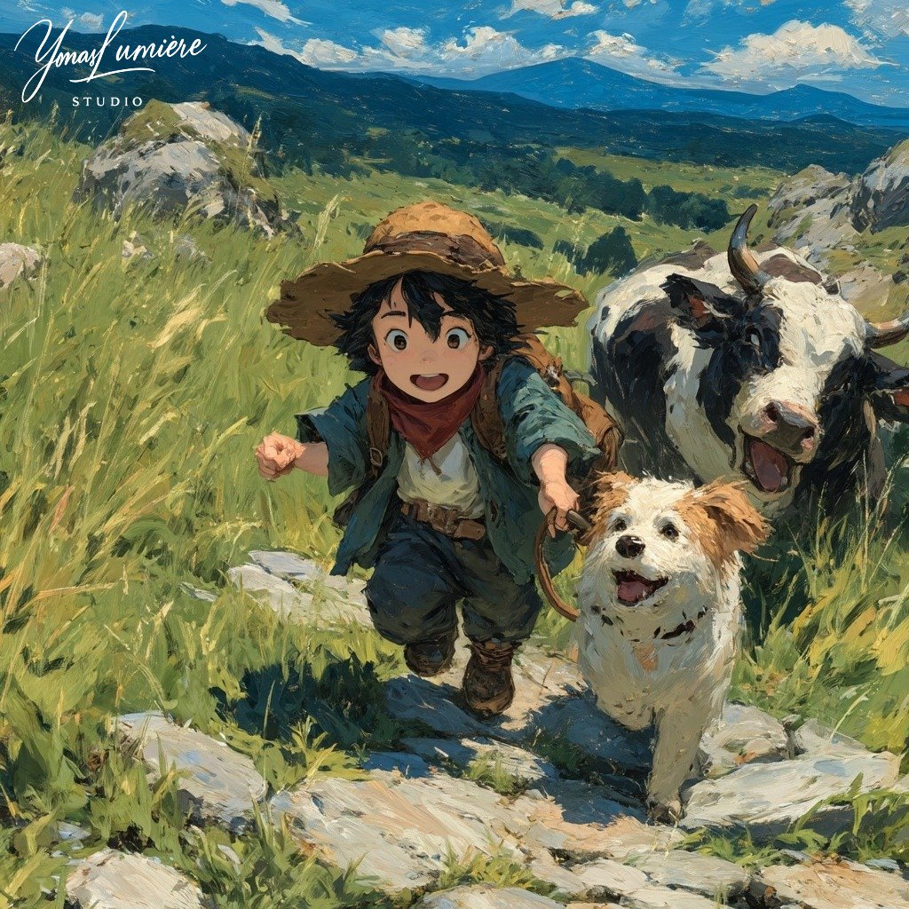 YonasFantasy's tweet photo. A boy and his loyal dog, guiding the cattle under the open sky — a quiet harmony of life and bond
#AIart #AIアート #jrpg #YonasLumiereStudio https://t.co/YQZUs7CRk6