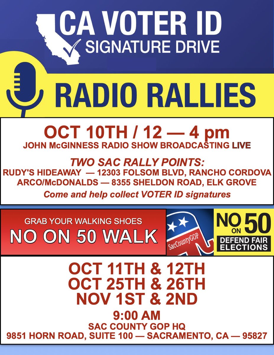 Join Sheriff John McGinness and I tomorrow at Rudy’s Hideaway in Rancho Cordova to drop off your ballot for Prop. 50 and sign the petition for the Voter ID initiative. We also have a “No on 50” precinct walk this Sat at 9am, hope to see you there!