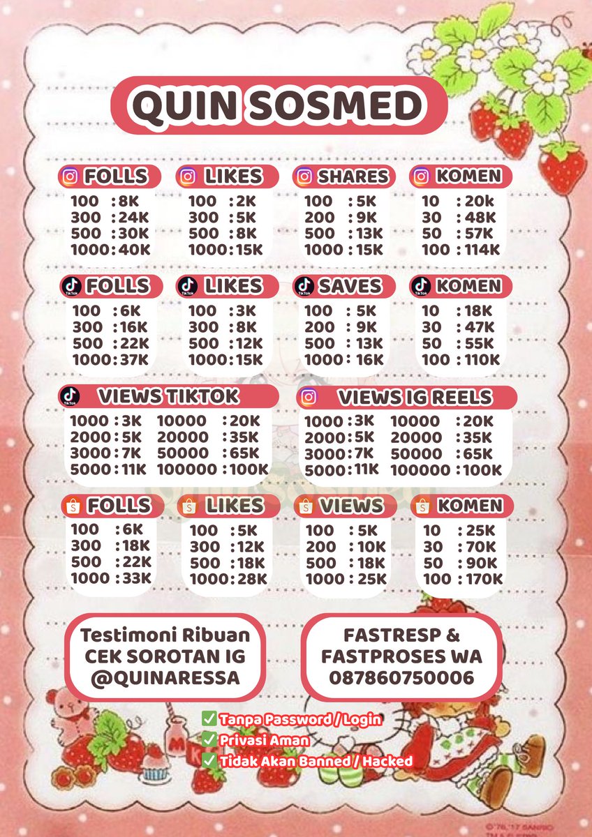 Jual followers likes views tiktok tik tok tt ig shopee instagram indonesia indo like view foll follower jasa buzzer comment beli komen murah upfolls tt wts wtb uplike tambah folls cepat viewers yt rt retweet x cepat🕊️ 4328
✧ acc utama: quinaressa
✧ fastresp wa: 087860750006