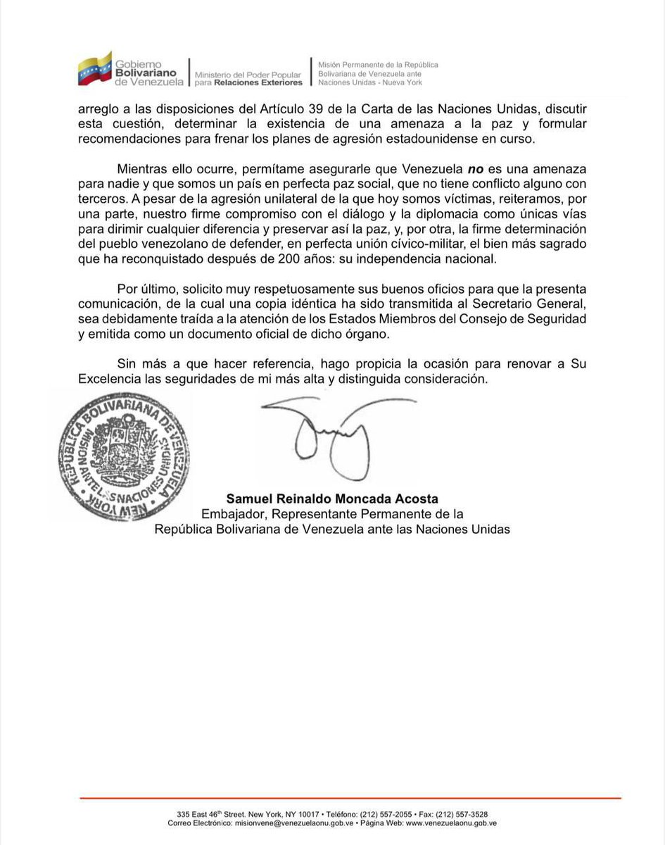 paumonagas3's tweet image. Venezuela Solicita Reunión Urgente del Consejo de Seguridad de la ONU

El Gobierno Bolivariano de Venezuela ha solicitado formalmente una reunión de urgencia del Consejo de Seguridad de las Naciones Unidas.