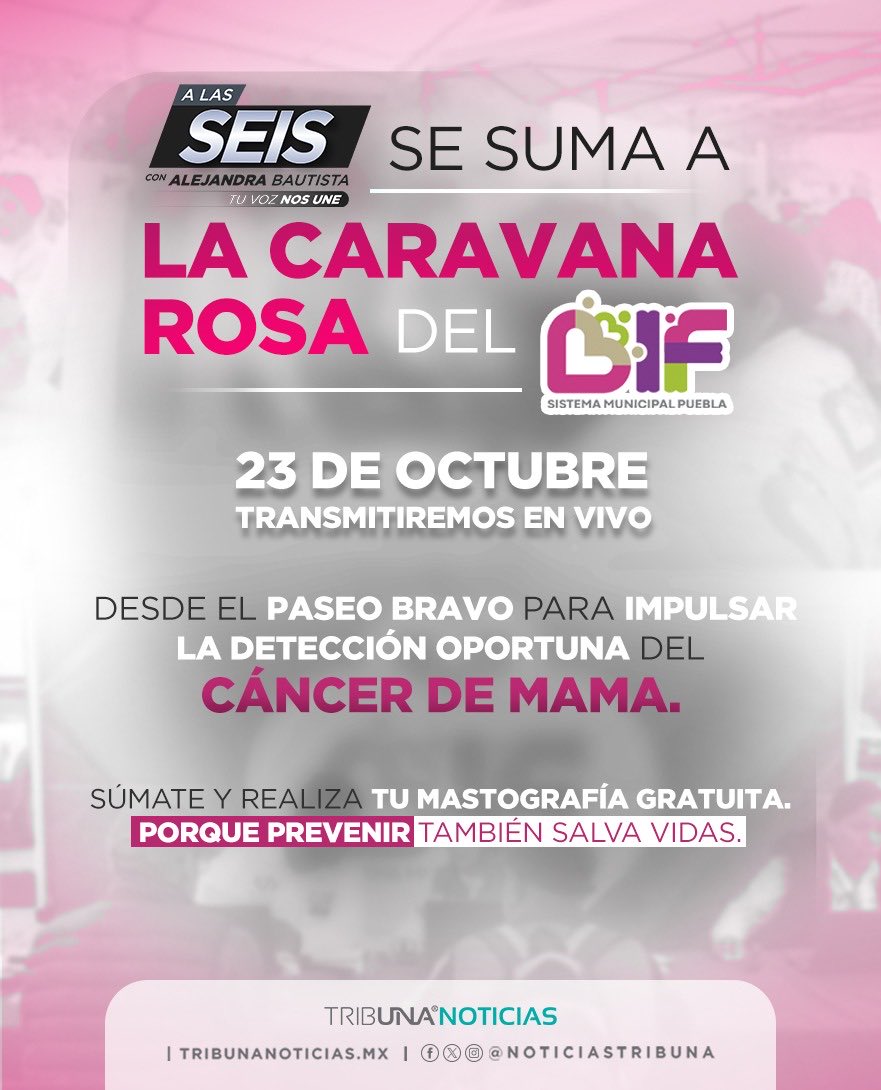 #ALasSeis⏰ con <a href="/AleBau_Tribuna/">𝑨𝒍𝒆𝒋𝒂𝒏𝒅𝒓𝒂 𝑩𝒂𝒖𝒕𝒊𝒔𝒕𝒂</a>, <a href="/tuADO/">Autobuses De Oriente</a> y el <a href="/DifPueCapital/">DIF Puebla Capital</a> te regalan una mastografía para la prevención y detección oportuna del #CáncerDeMama, si estás interesada en tener este beneficio debes registrarte a través del #WhatsApp📱 de <a href="/TribunaVigila/">Tribuna Vigila 🍇</a>, #LaVozDeLosPoblanos al 22 23