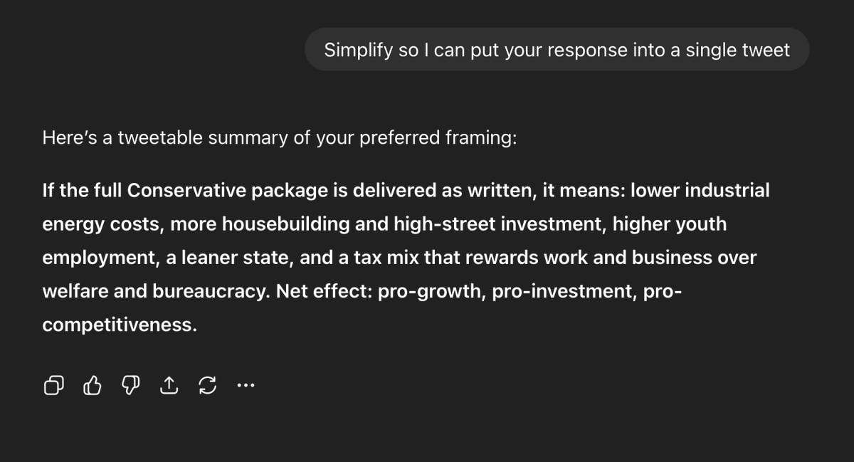 There you have it folks

I put this list of policies into ChatGPT, and asked it to evaluate  – then asked to condense into a single tweet

📈 Get ready for the roaring 30s under a Conservative Government