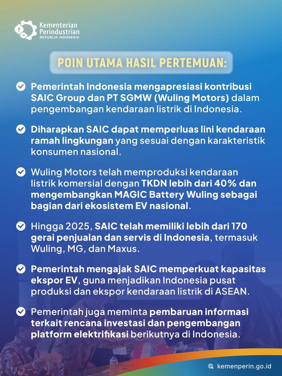 Kemenperin_RI's tweet photo. Sekjen Kemenperin mewakili Menperin dlm pertemuan dgn SAIC Motor Corp., Ltd. di Shanghai, Tiongkok (9/10) membahas penguatan kemitraan industri otomotif, pengembangan kendaraan listrik dan peluang ekspor di kawasan ASEAN.
#SAICMotor #EVIndonesia #IndustriHijau #InfoPerin https://t.co/Ui7LNdAhoi
