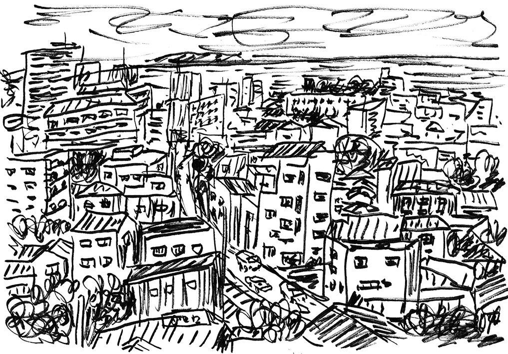 伊東の風景。駅近くには、昔ながらの削り節屋さんなどがあり、風情のある街並みでした。削り節もその場で摘んで食べさせてくれてとてもおいしかった。
#伊東 
#sketch