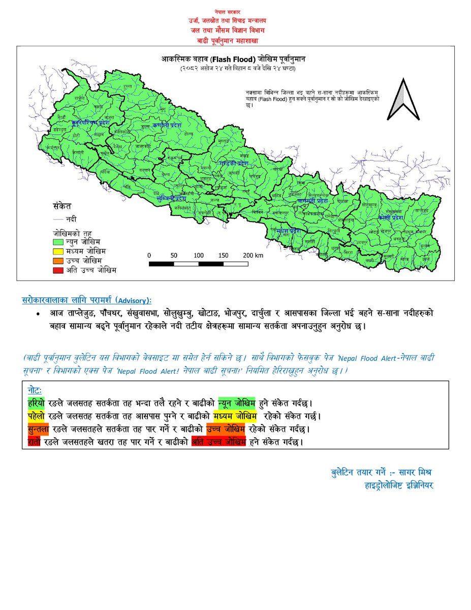 असोज २४,
आज देशभरका नदीहरूमा बाढीको जोखिम न्युन रहने