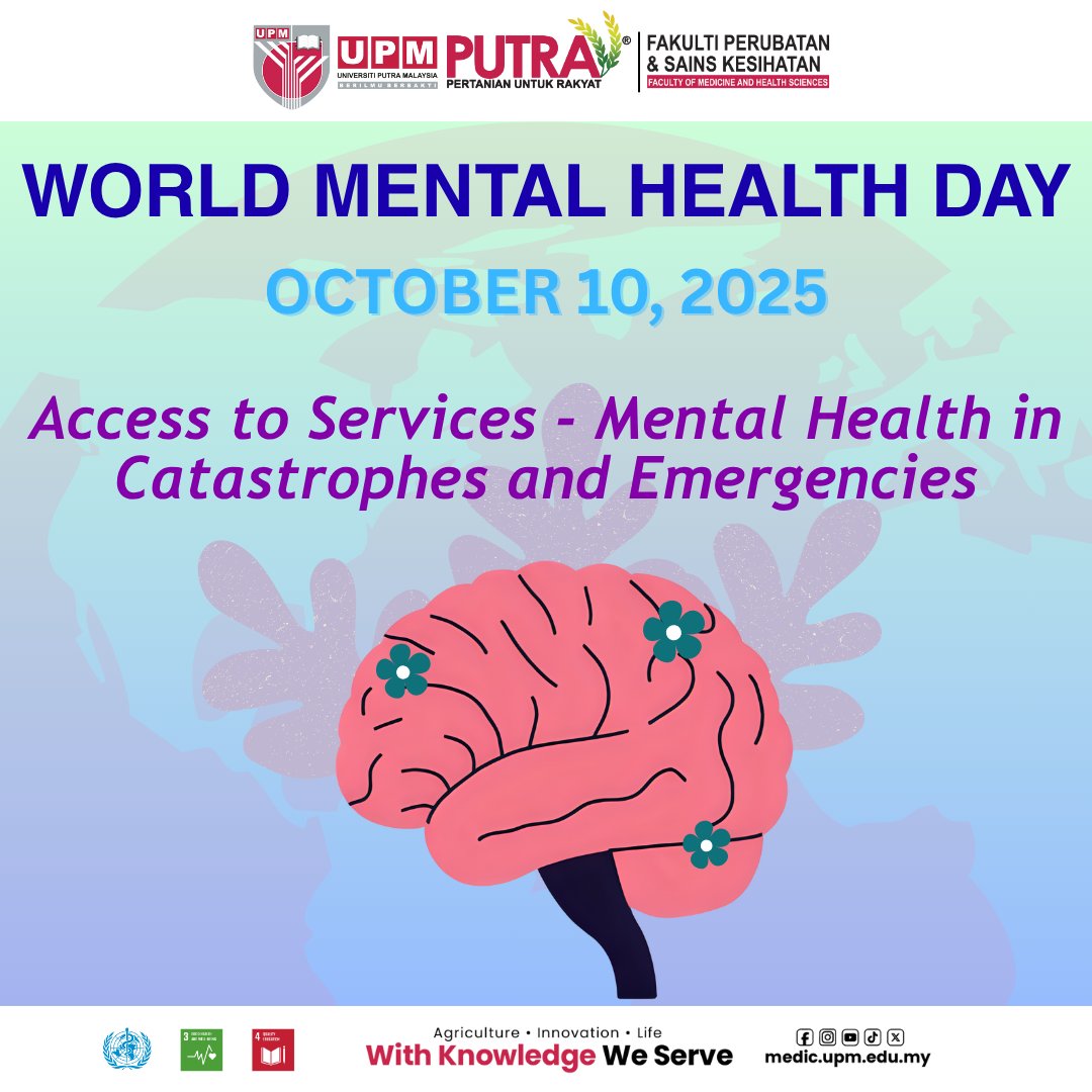 HARI KESIHATAN MENTAL SEDUNIA 2025
medic.upm.edu.my/article/world_…

“Akses kepada Perkhidmatan – Kesihatan Mental dalam Bencana dan Kecemasan”

#medicupm #fpskupm #worldmentalhealthday #Sustainability@UPM #UPMGreenCampus