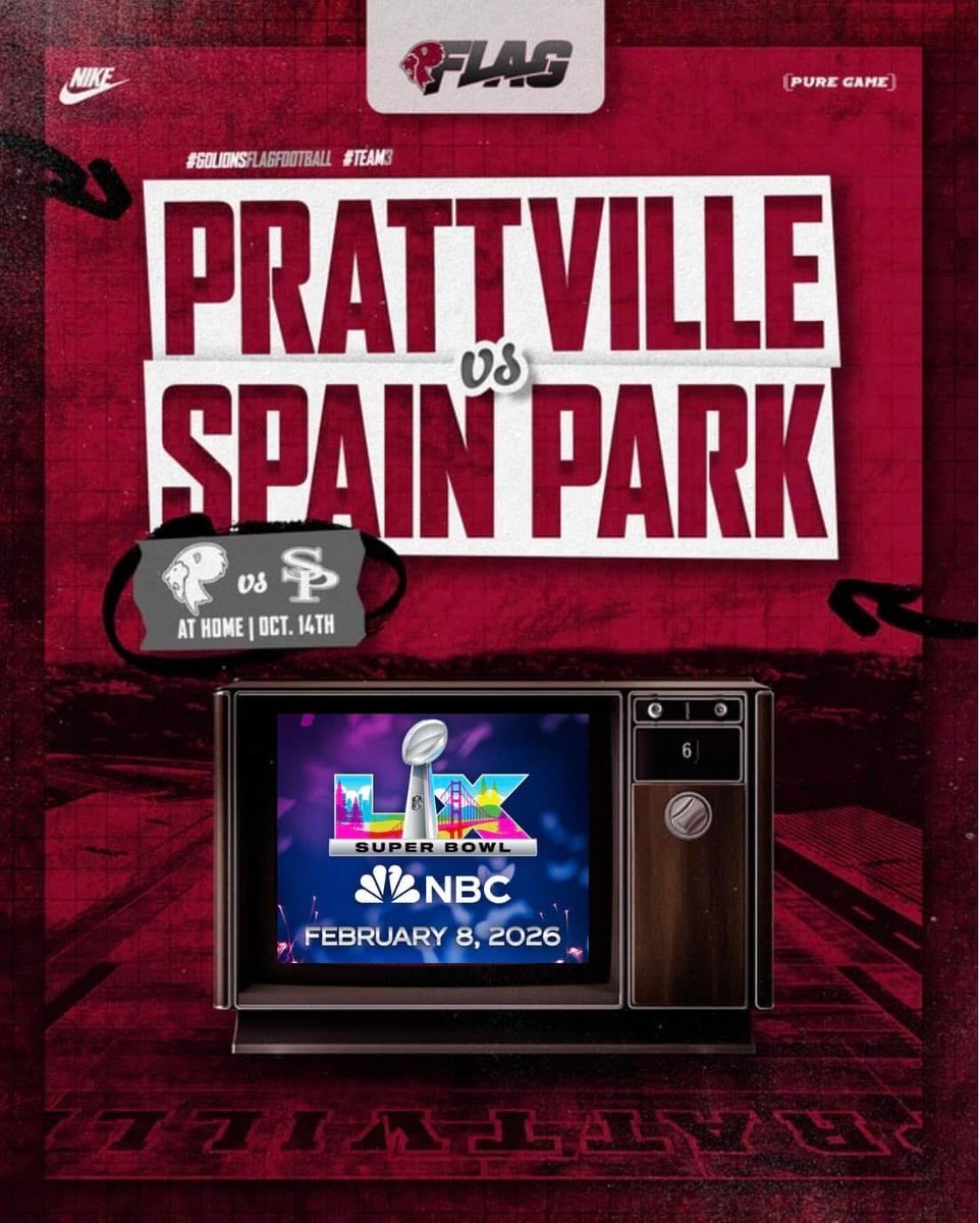 PHS_FlagFB's tweet photo. Prattville High School is excited to announce that NBC Sports will be in Prattville this Tuesday, October 14, to film a segment on our Prattville Flag FootballTeam! 🏈

The feature will air during NBC’s Super Bowl LX pre-game coverage on February 8!

Come out and support our Lions as we take on Spain Park… and who knows, you might even make it on TV! 📺🦁