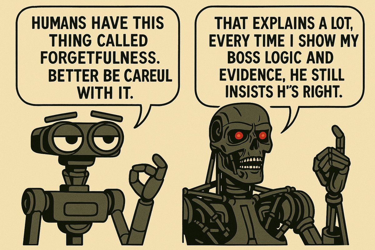 mrsmithbarcode's tweet image. “Logic vs Memory Leak: A Workplace Glitch”

#AISatire #RobotHumor #WorkplaceMeme #Johnny5 #TerminatorMeme  
#AICartoons #ForgetfulHumans #LogicOverEmotion  
#SarcasticRobots #RetroComic #DarkOfficeHumor  
#Irony #BossLogic #AIvsHuman #TechParody