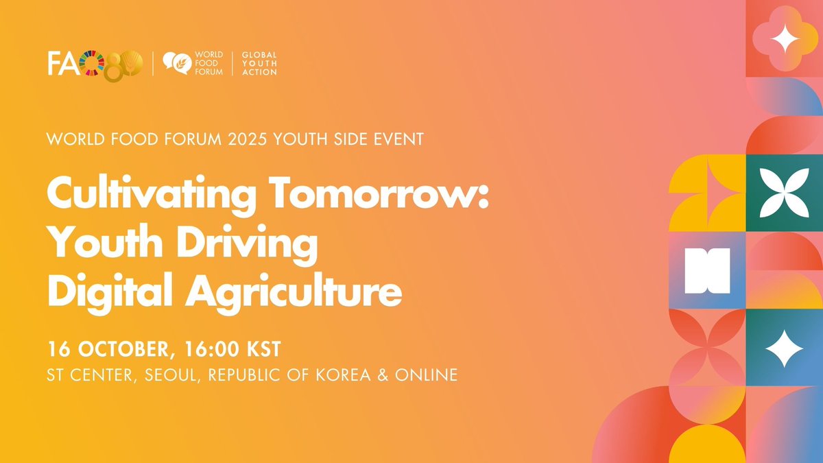 🌾Cultivating Tomorrow: Youth Driving Digital Agriculture

지속가능한 미래를 위한 청년 혁신가들의 이야기를 들어보세요
#WorldFoodForum 2025 Youth Side Event 에 함께하세요!

📍 ST센터, 서울 &amp; 온라인
🗓 10월 16일(수) | ⏰ 16:00 KST
🔗 forms.gle/BkrdgQ7cQYoGFz…