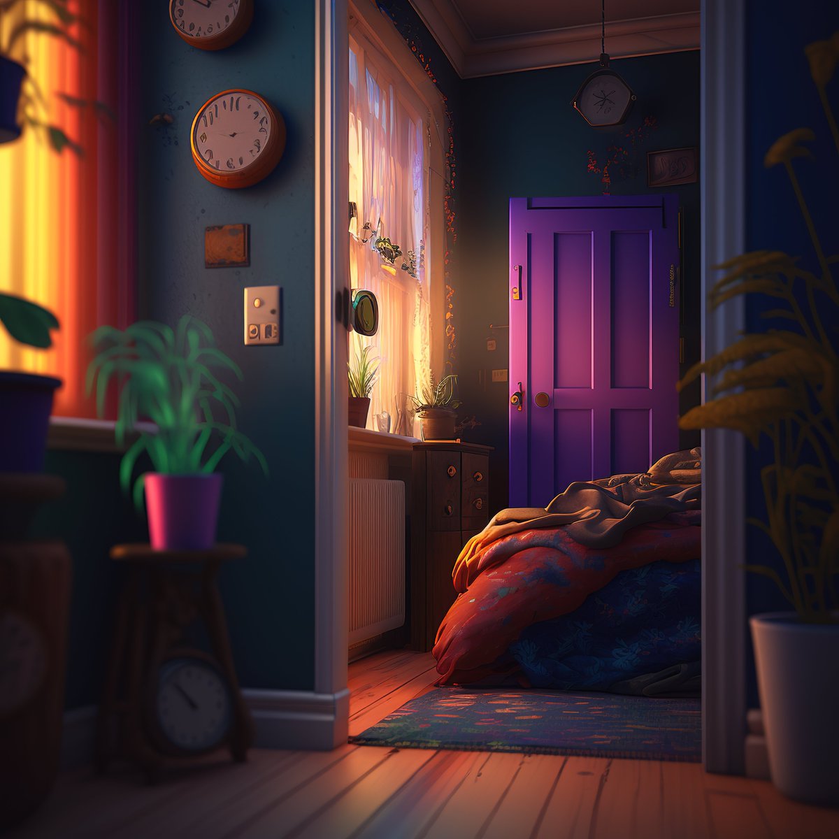 NoBanksNearby's tweet image. 6:00 AM. Look at that golden light pouring through, fighting the deep teal shadows. The vibrant purple door glows, a quiet invitation. This isn't just a minute, it's the gentle nudge between deep slumber and the vivid start of everything. Breathe it in.
#CreativeCode…