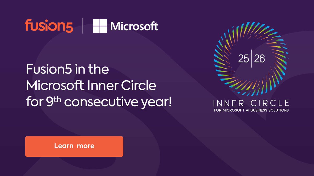 🚀We’ve done it again! Fusion5 is part of the 2025/26
<a href="/Microsoft/">Microsoft</a> Inner Circle for AI Business Solutions — our ninth consecutive year in the top 1% of Microsoft partners worldwide. 

For our customers, this means: 
🔹 Exclusive leadership insights
🔹 Early access to AI innovation