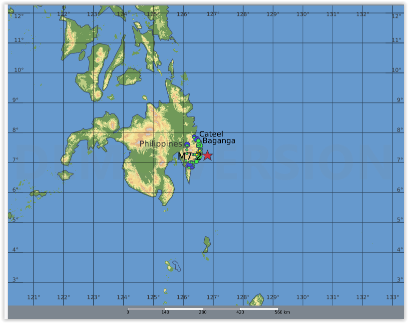 QLARM's tweet image. EARTHQUAKE M7.2. Origin Time: 2025-10-10 01:43:55 UTC, Mindanao, Philippine Islands (7.25 ; 126.81), Depth: 10.0 km, (source(s): GFZ). Estimated fatalities: 0 to 200, injured: 30 to 520