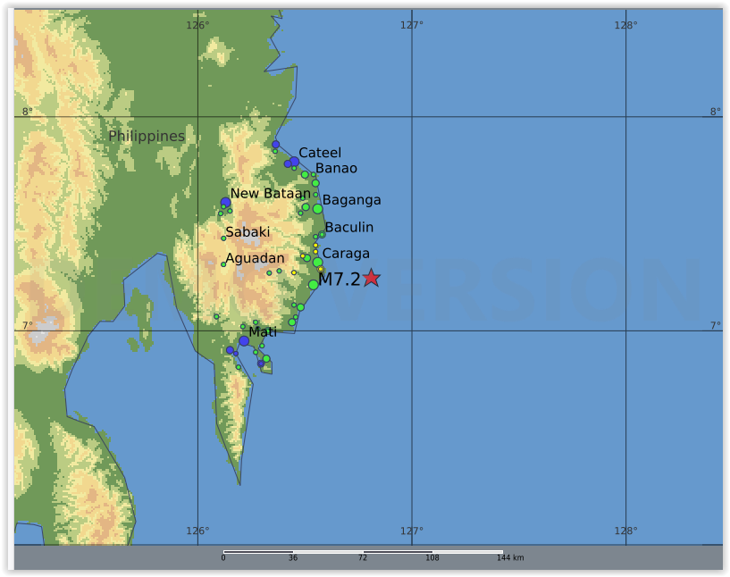 QLARM's tweet image. EARTHQUAKE M7.2. Origin Time: 2025-10-10 01:43:55 UTC, Mindanao, Philippine Islands (7.25 ; 126.81), Depth: 10.0 km, (source(s): GFZ). Estimated fatalities: 0 to 200, injured: 30 to 520