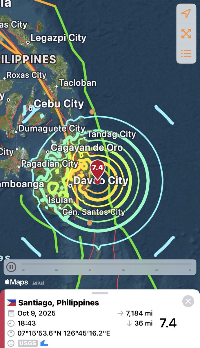 DerrickSalas9's tweet photo. 🌋🌊 Massive 7.4 Quake Triggers Tsunami Alert | Mindanao, Philippines | Oct 10 2025 (UTC)

A magnitude 7.4 earthquake struck off Santiago, Davao Oriental, near Davao City, shaking much of Mindanao and prompting a Pacific Tsunami Warning Center alert for areas within 300 km of the epicenter.

⸻

What’s New

• 🕑 18:43 PHT (10:43 UTC) — quake depth ≈ 36 mi (57 km).
• 📍 Epicenter: 07°15′N 126°45′E, ~100 km east of Davao City.
• 🌊 PTWC: “Hazardous tsunami waves possible for coasts within 300 km.”

Why It Matters

• 📊 Major quake near the Philippine Trench—a volatile subduction zone.
• 🏛️ PHIVOLCS and local LGUs initiating evacuations along the eastern Mindanao coast.
• 🌎 Regional tsunami bulletins issued across the Philippine Sea basin.

Effects (Developing)

• 👥 Strong shaking felt from Davao to Cagayan de Oro; aftershocks reported.
• 🏗️ Power outages and structural checks under way in Tagum and Mati.
• 💰 Ports and fishers ordered to move vessels to deeper waters immediately.

Gunny’s Take

This is a serious event along one of Asia’s most dangerous tectonic zones. Shallow, ocean-trench quakes of this size can generate localized tsunami surges within minutes. If you’re on the eastern Mindanao coast — get to high ground now. Aftershocks and secondary tsunami waves remain possible.

What to Watch

• ⏰ First-wave arrival: 15–45 minutes after main shock.
• 🚚 Evac updates from Davao, Mati, and Tagum coastal barangays.
• 🛰️ PTWC + PHIVOLCS bulletins for wave height and aftershock tracking.

⸻

BOTTOM LINE: A powerful 7.4 quake has hit Mindanao — move to higher ground and stay off the coast until official all-clear. Lives depend on speed. 🌊

👇 Like • 💬 Comment • 🔁 Share • 👀 Follow

Sources: PTWC | PHIVOLCS | USGS | OSINT Defender | Local Gov Feeds

— Gunny 🫡
“Fix the facts. Keep the mission.”

#Philippines #Mindanao #Earthquake #TsunamiAlert #Davao #Mati #Tagum #PTWC #PHIVOLCS #BreakingNews #GunnyOSINT