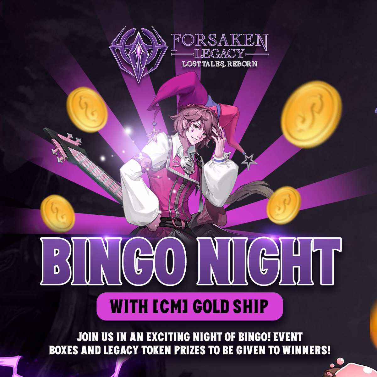 Forsaken_RO's tweet photo. 🎉BINGO Night with CM GoldShip!

Join us in an exciting night of Bingo! Event Boxes and Legacy Token prizes to be given to winners! 🎊

🗓️ Sunday, 12 October 2025
⌚ 8:00 PM (GMT+8)

Visit our Discord for more info on how to play! 🎁
🔗 https://t.co/57gOp1Ib6a

Join us now 🔥
🎮 Website: https://t.co/MxB0miQHLb
🗨️ Discord: https://t.co/57gOp1Ib6a
🔷Facebook: https://t.co/eUoAJ87RBK
📖 Wiki: https://t.co/aNSTlnFRJr

#ForsakenLegacy #BingoNight #Event